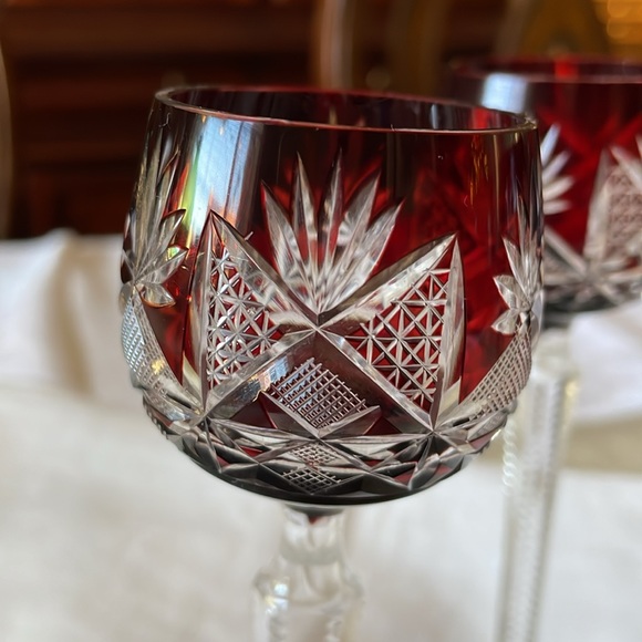 Vintage mid century set of 3 cut crystal ruby red to clear cordials footed - Picture 2 of 9